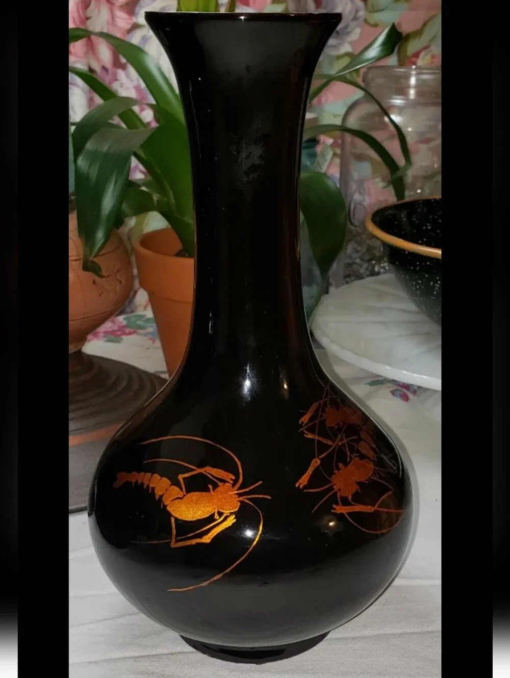Vintage MCM Black Laquerware Vase With Metallic Copper Shrimp Design